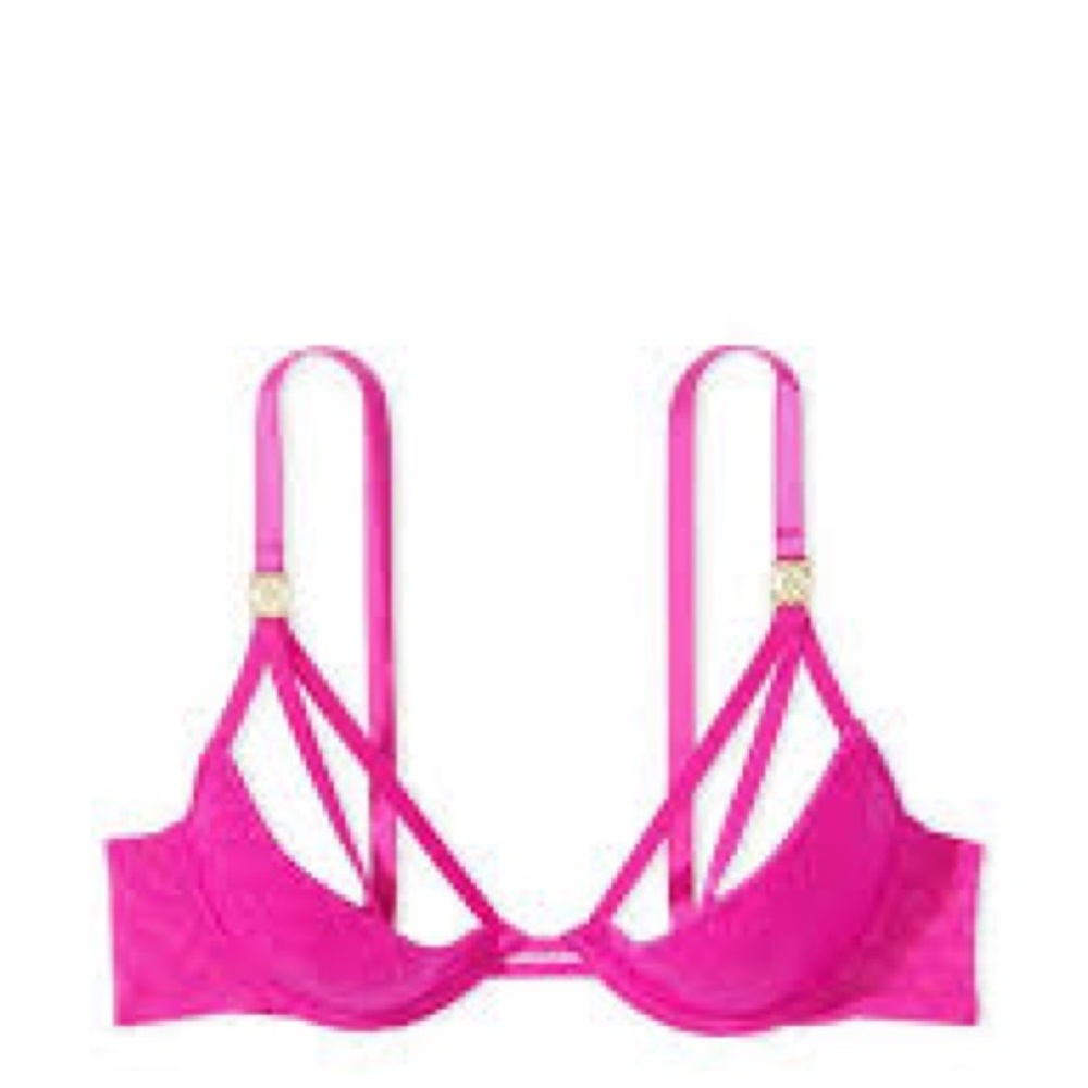 NWOT Victoria's Secret Logo Lace Open-Cup Demi Bra Set VS Logo Lace in Fuschia